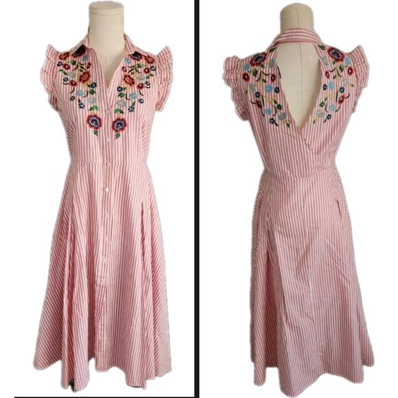 Zara Striped Poplin Midi Shirt Dress with Embroidered Flowers Size Small - Picture 1 of 8